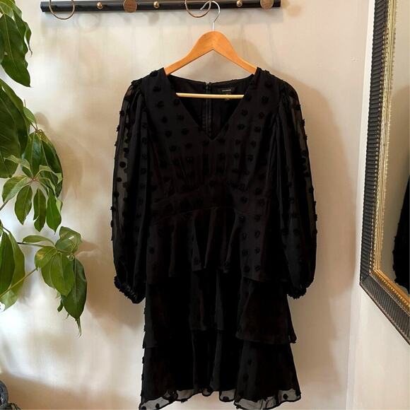 Halogen M Black Swiss Dot Dress | Nordstrom, Tiered Ruffle Hem, Sheer Sleeves - Picture 1 of 6